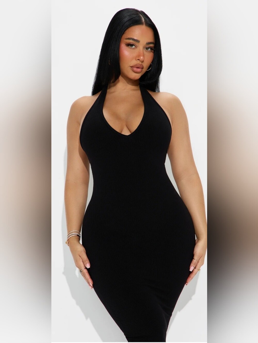 Ribbed Halter Bodycon Dress - Black